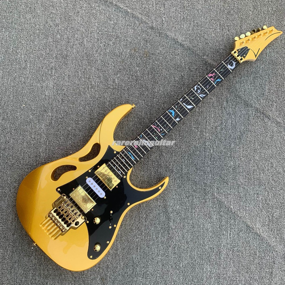 In stock, gold electric guitar, Abalone shell flower inlay, Floyd Rose, Tremolo, Lions Claw, black guard, gold hardware