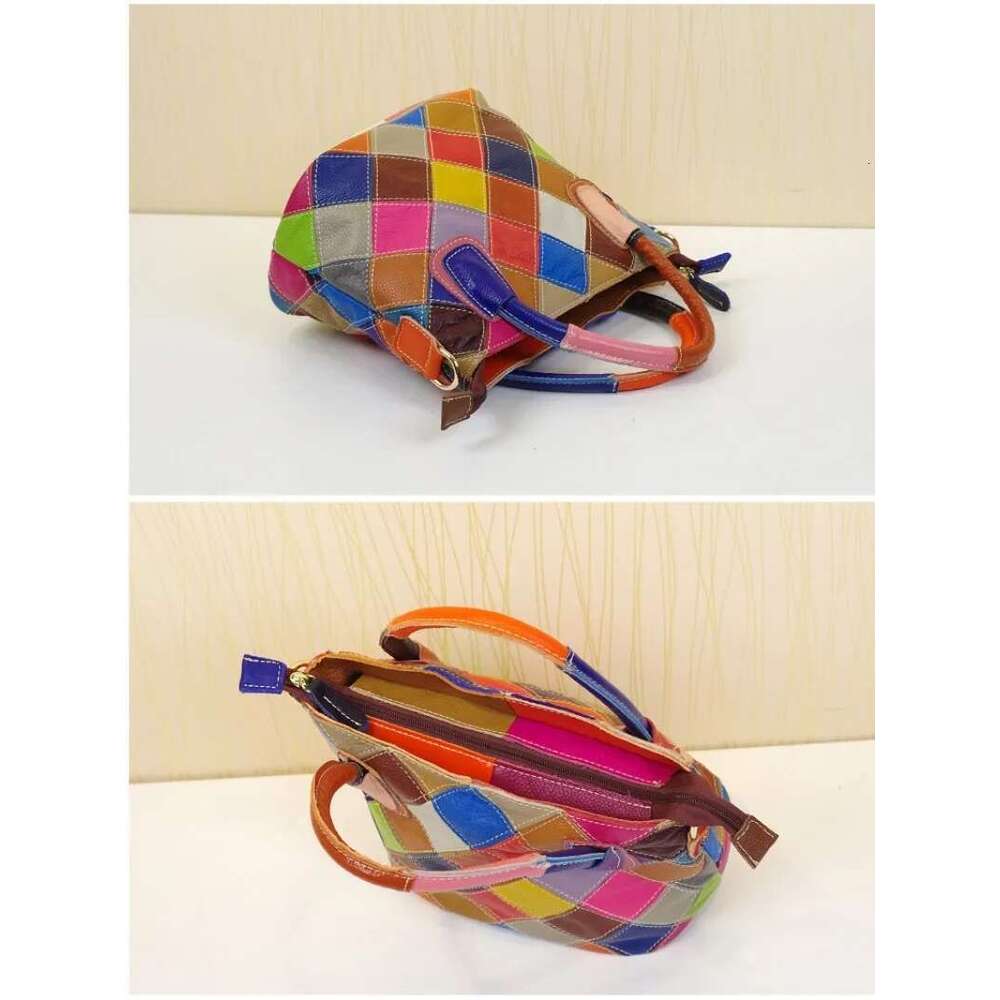 Vintage Cowhide Bucket Bag - Contrast Plaid Design With Tote Function For Women's Casual Outings