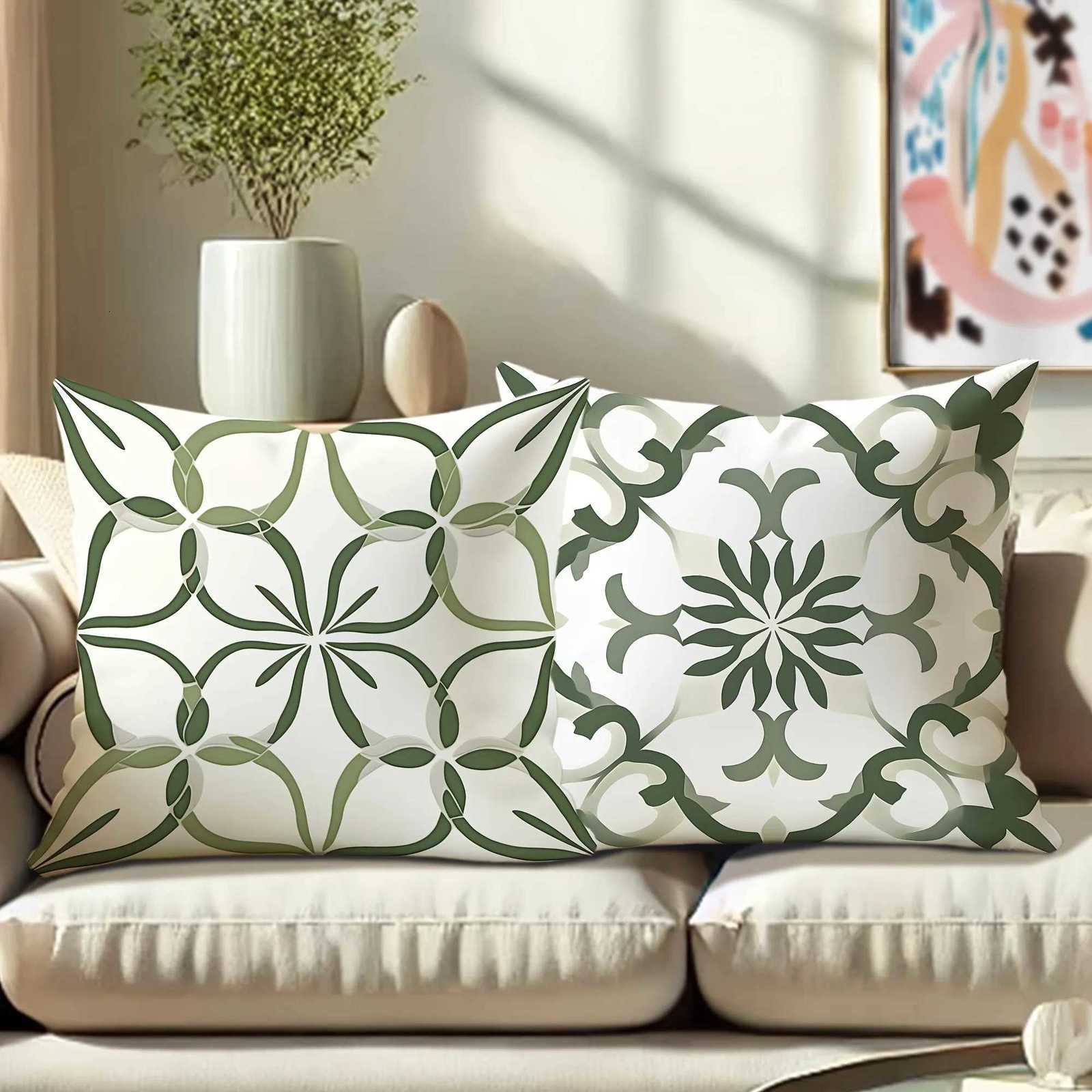 4pcs Bohemian Floral Velvet Throw Covers - Green White Soft Decorative cases with Zipper Closure One-Sided PrintM251119