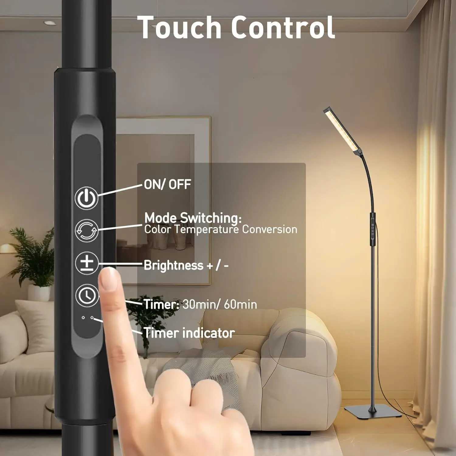 Touch the floor lamp 3 color modes adjustable brightness and height rotate flexibly M251119
