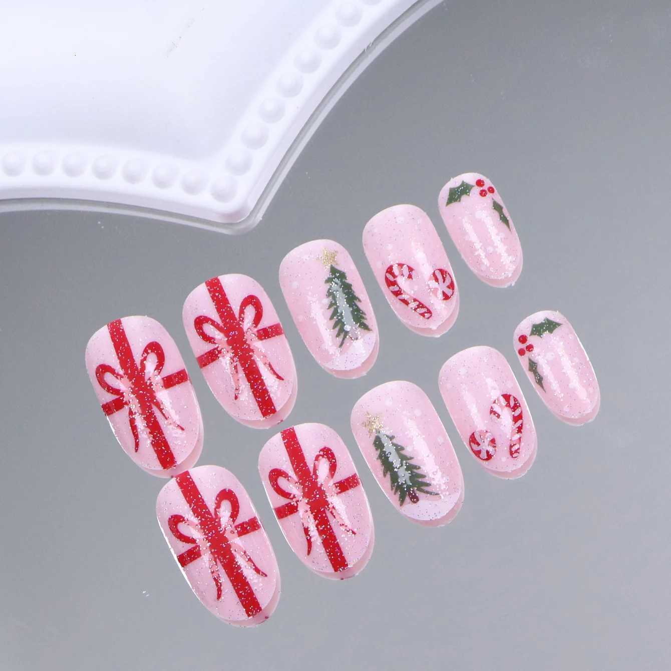 24PCS French-Style Pointed False Nails With Bows Christmas Tree Canes Candy Mistletoe Design Shiny Christmas nailsT251118T251119
