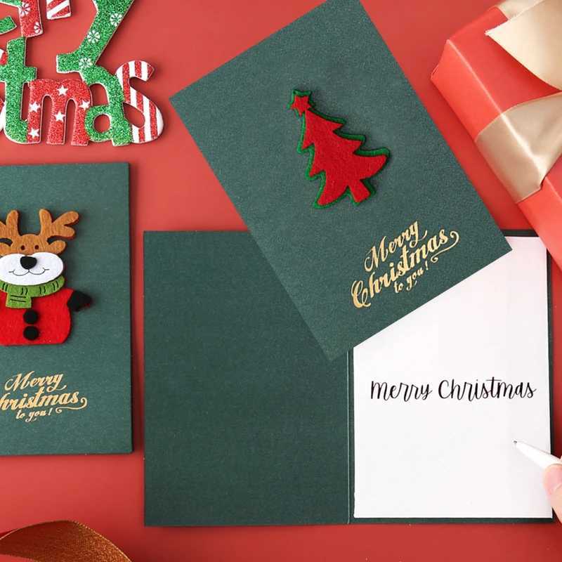 4PCS Green Style Christmas Greeting Card Set Pearlescent Paper 3D Felt Invitations Postcards Christmas Party Gift Souvenirs ZYF G251119