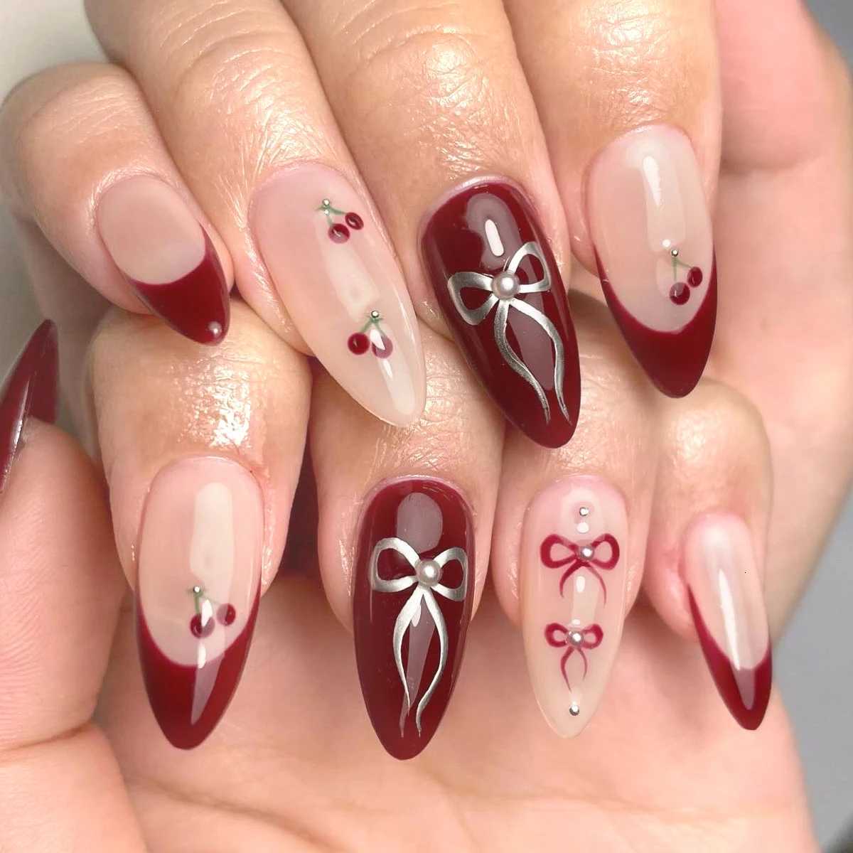 Long Ballet Press on Nails Red Rose Flower Designed Full Cover Fake Nails French Style Wearable False Nails Tips for WomenT251118T251119