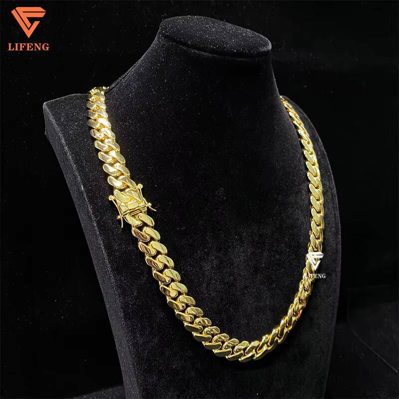 Wholesale Miami Cuban Link 14mm Gold Cuban Link Chain Men Hiphop Plain Chain 925 Sterling Silver Necklace
