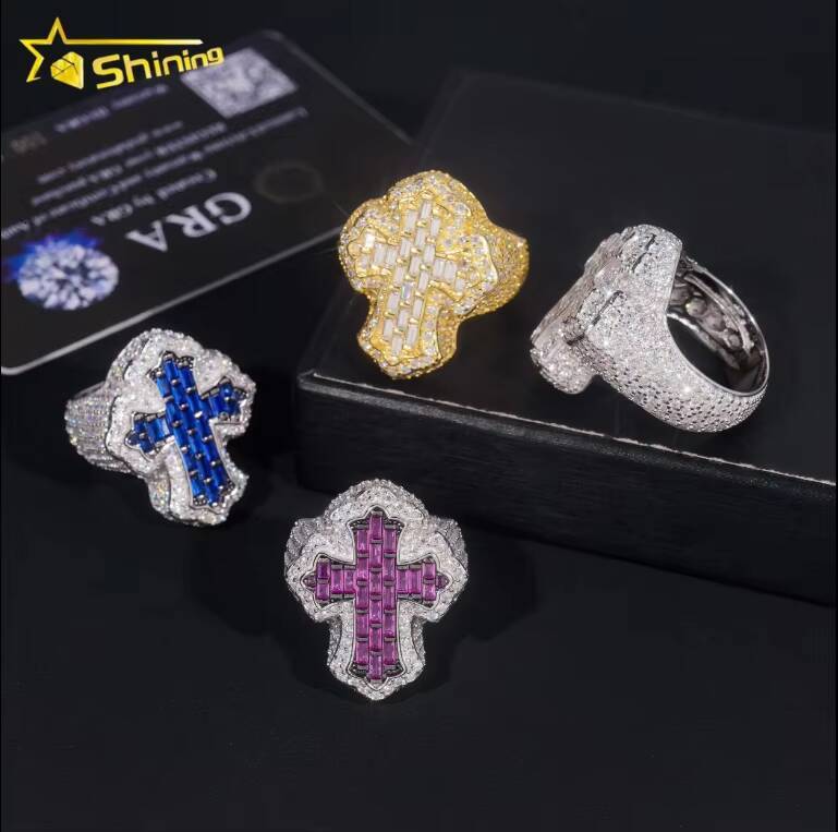 Hot Selling GRA Certificate High Quality 925 Silver Gold Plated Fine Jewelry Iced Out Hip Hop Ring Cross Moissanite Men Rings