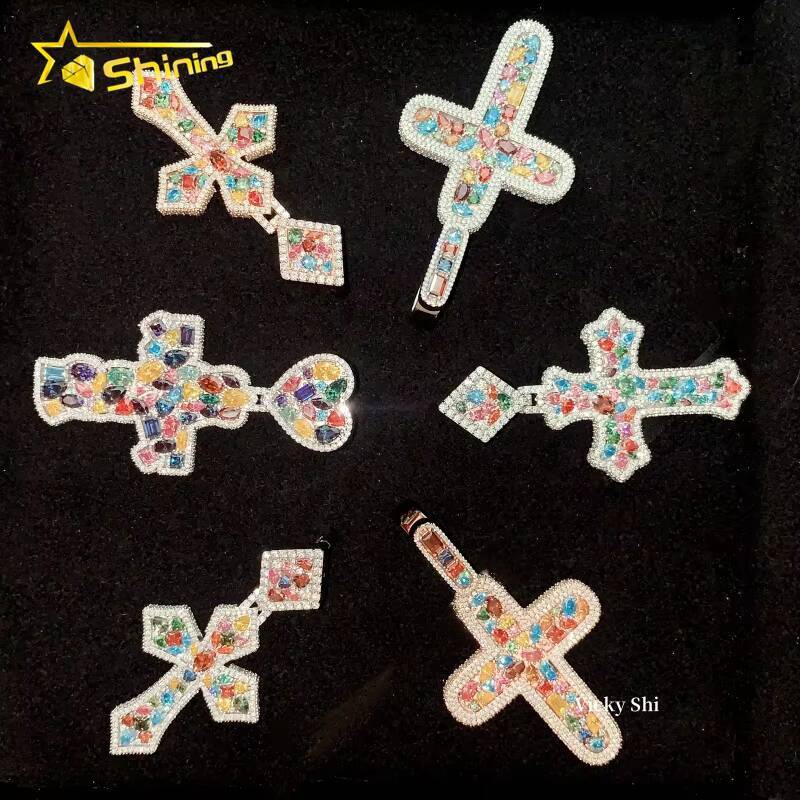 Hip Hop Pendant Iced Out 925 Silver Multi Color Moissanite Cross Pendant High Quality Custom Pendant Moissanite Jewelry for Men