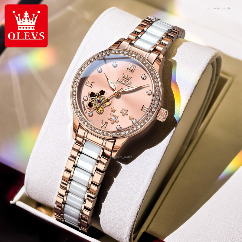 OLEVS Brand Designer Women's Watch New Petal Hollow Ceramic Waterproof Mechanical Watch Outdoor Luxury Casual Sexy Women's Watch