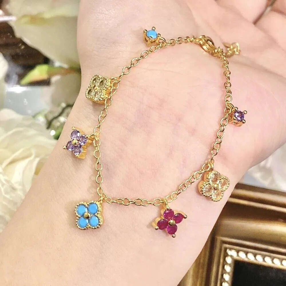 INS Luxury jewelry designer necklace Dopamine Four-Leaf Clover Necklace French Layered Collarbone Chain Colorful Earrings Inlaid Diamond Bracelet Set - view 4