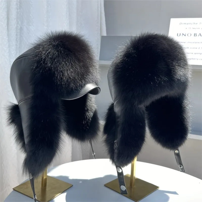 100 genuine fox fur ear-protecting hat Men real raccoon fur bomber hat Women winter warm fur real sheep leather snow hat251118