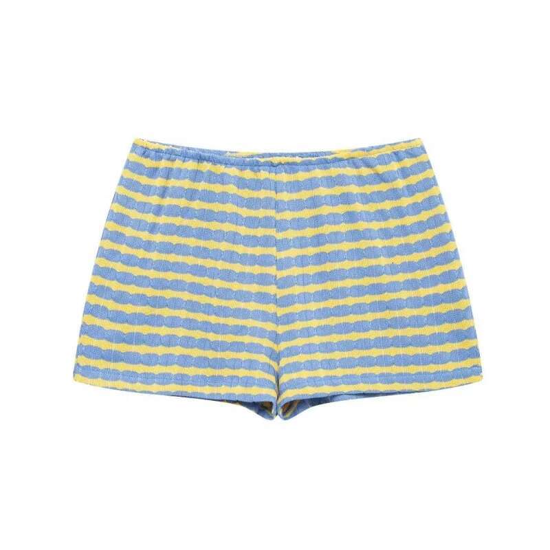 Summer Designer Women's Clothing Blue and Yellow Stripe Print HighQuality Durable Casual Fashion TwoPiece Set