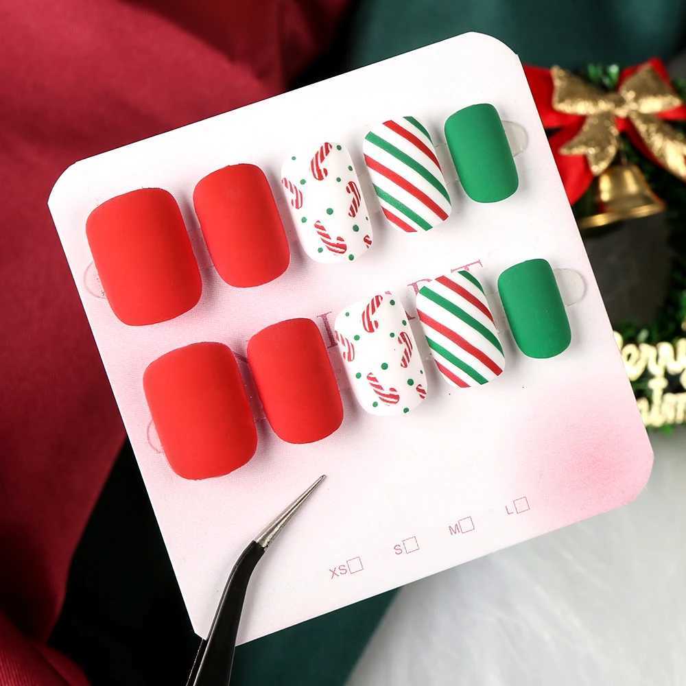 24Pcs/box Christmas Square Round Fake Nails Colorful LineRound Dot Press On Nails Full-Cover Short Square Glossy Xmas Nail TipsT251118T251119