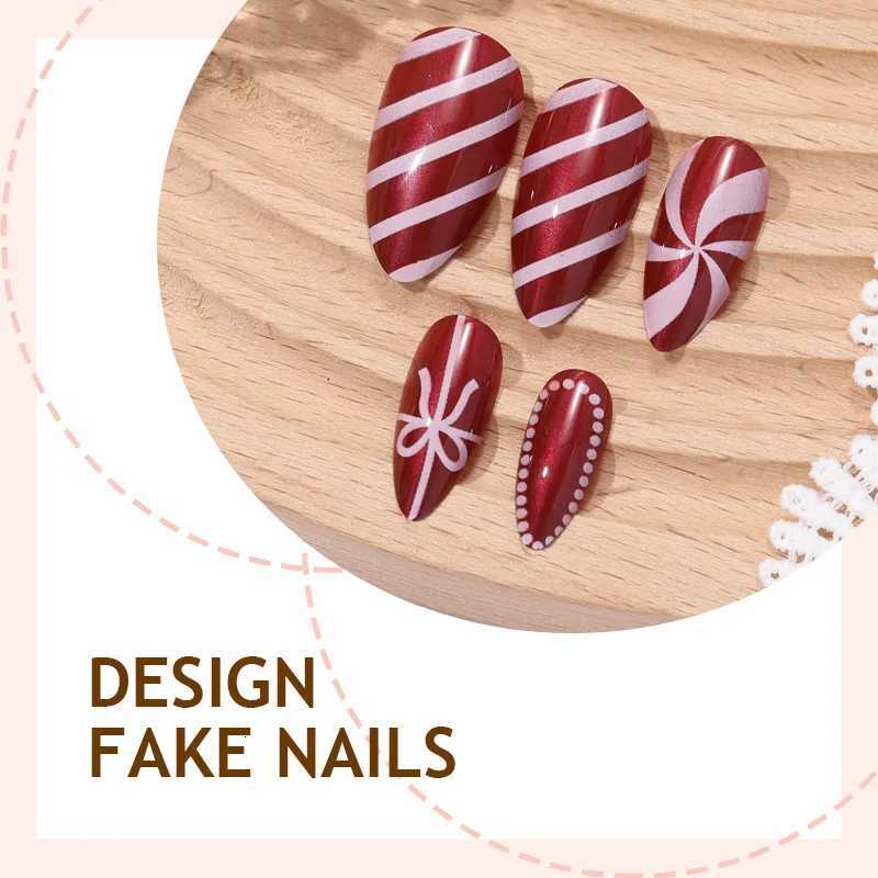 24PCS Christmas False Nails Red Stripes Bow Gift Glossy Almond Press on Nails Snowman Santa Wearable Fake Nails for Women PatchT251118T251119