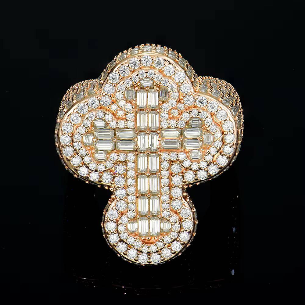 Hiphop 925 Silver Cross Design Iced Out Baguette Cut Moissanite Ring Rhodium Rose Gold Plating Options Fine Jewelry
