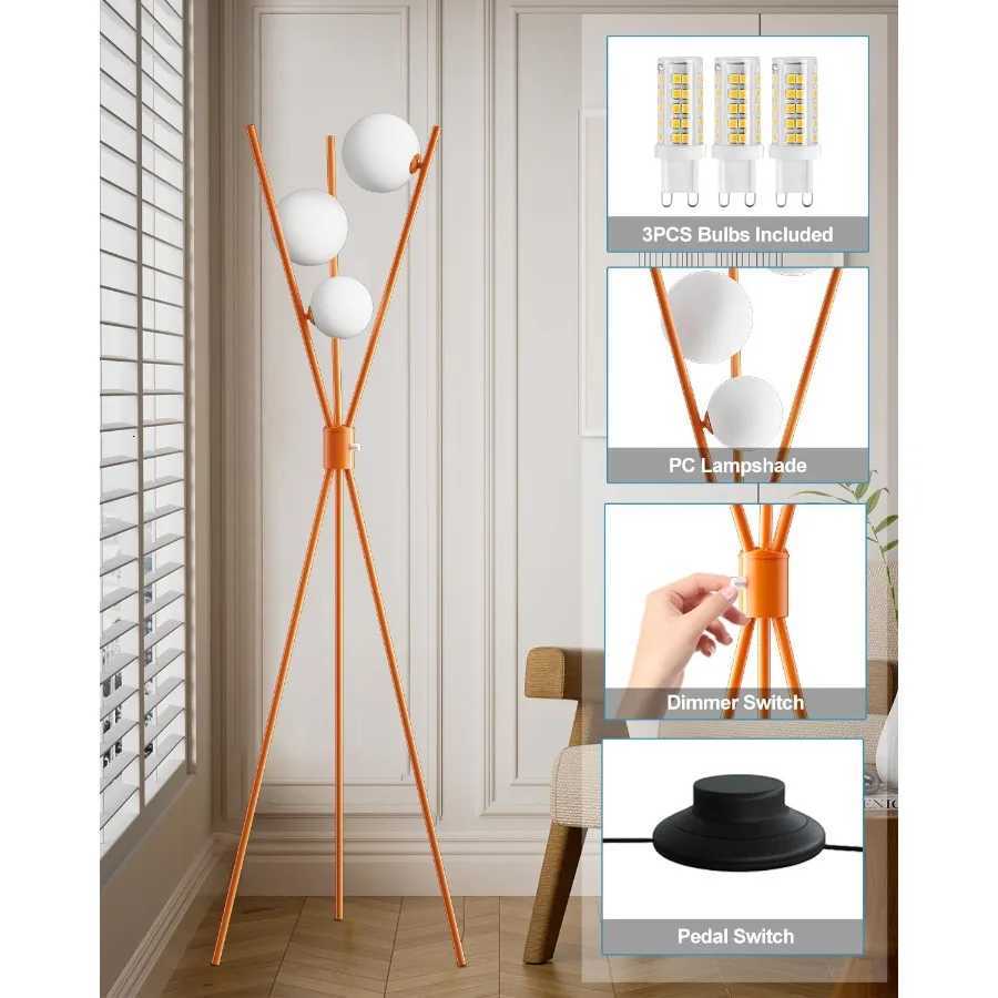 Stepless Dimmable Tripod Floor Lamp with 3PCS 3000K G9 Bulbs for Living Room and Bedroom Stable Base Orange Mid Century Modern M251119