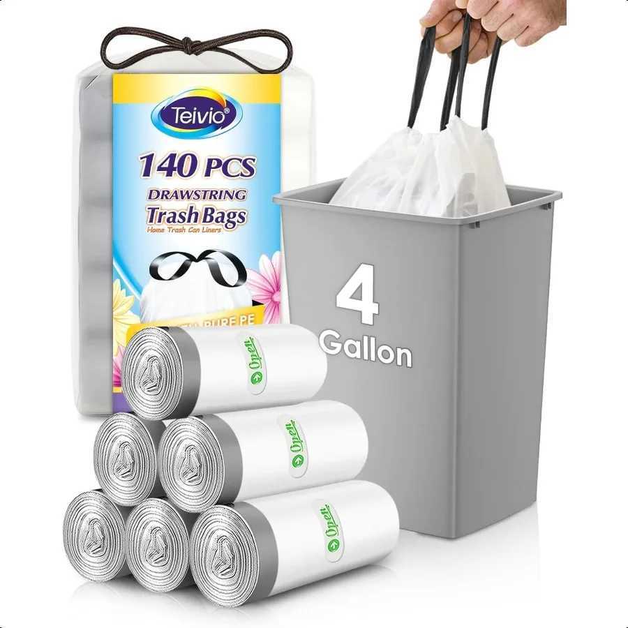 4 Gallon 140 Counts Strong Drawstring Trash Bags Garbage Bags by Bathroom Trash Can Bin Liners Small Plastic Bags for home offi C251119