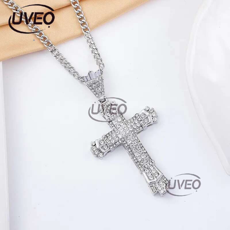 Hip Hop Cross Pendant Religious Charm Gold Sier Full Ice Out Crystal Neckalce Simulated Dias Catholic Crucifix Necklace With Cuban Chain Jewelry