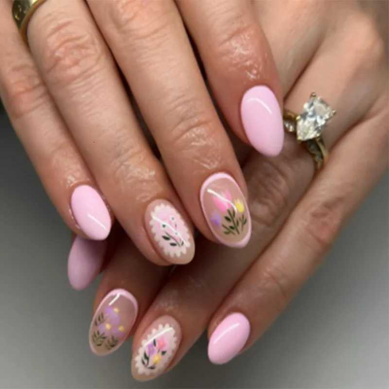 24Pcs Short Round Head Press on Fake Nails with Strawberry Flower Design False Nails Art Datachable Almond Full Cover Nails TipsT251118T251119
