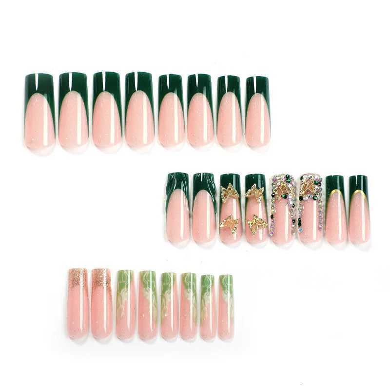 1Sets Long Butterfly French Press On Nails With Sparkling Diamond Decor Green And Pink False Nail Tips Wearable Sweet Fake NailsT251118T251119