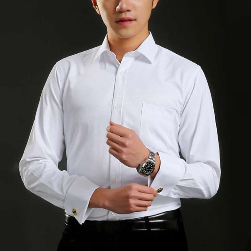 French Button Men&#039;s Dress Shirt Classic Double Cuff Long Sleeve Business Formal Tuxedo Shirts with Cuffks Wedding Party