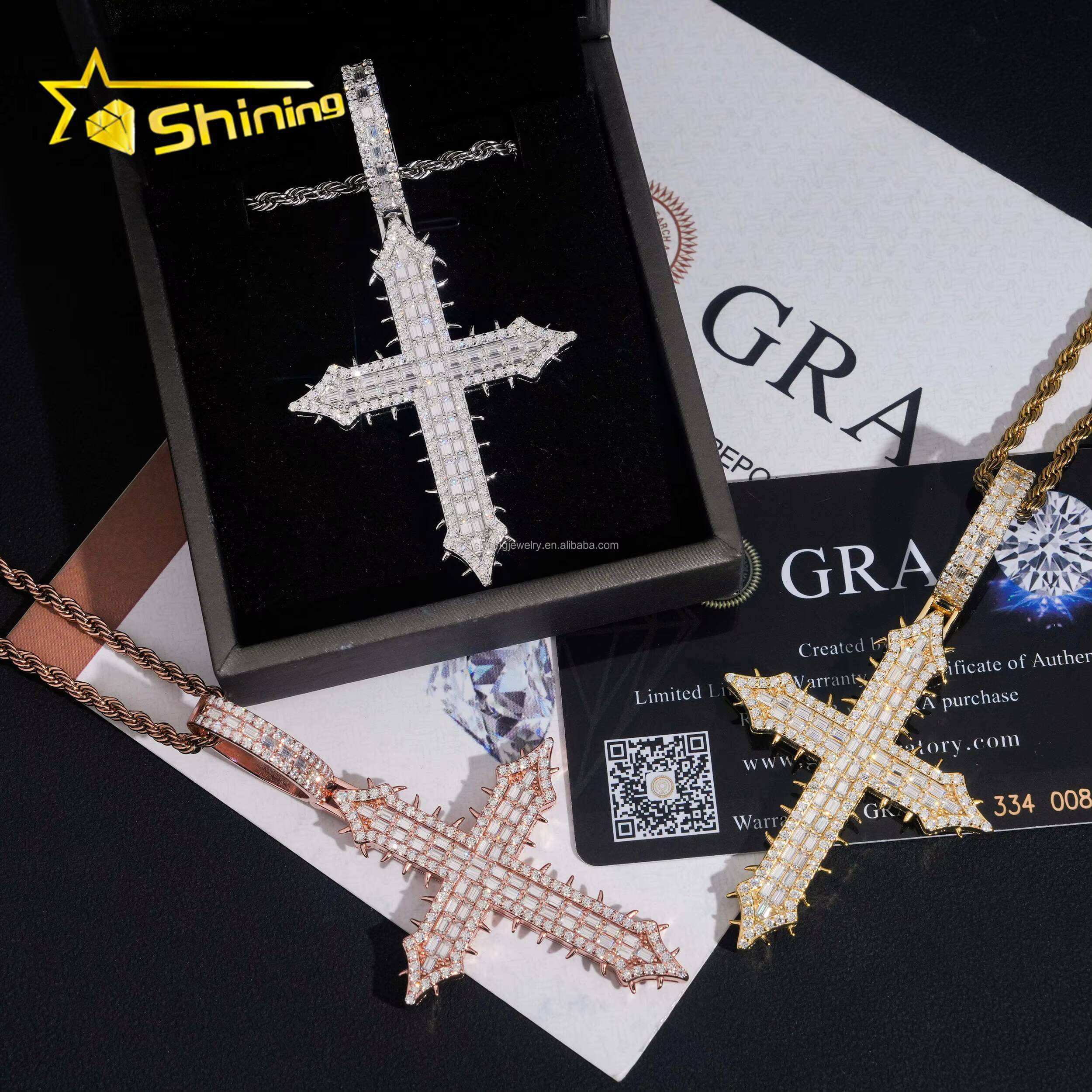 New Arrivals Bulk Stock Hip Hop Stylish Rapper Jewelry VVS1 Moissanite Diamond S925 Silver Iced Out Man Thorn Cross Pendant