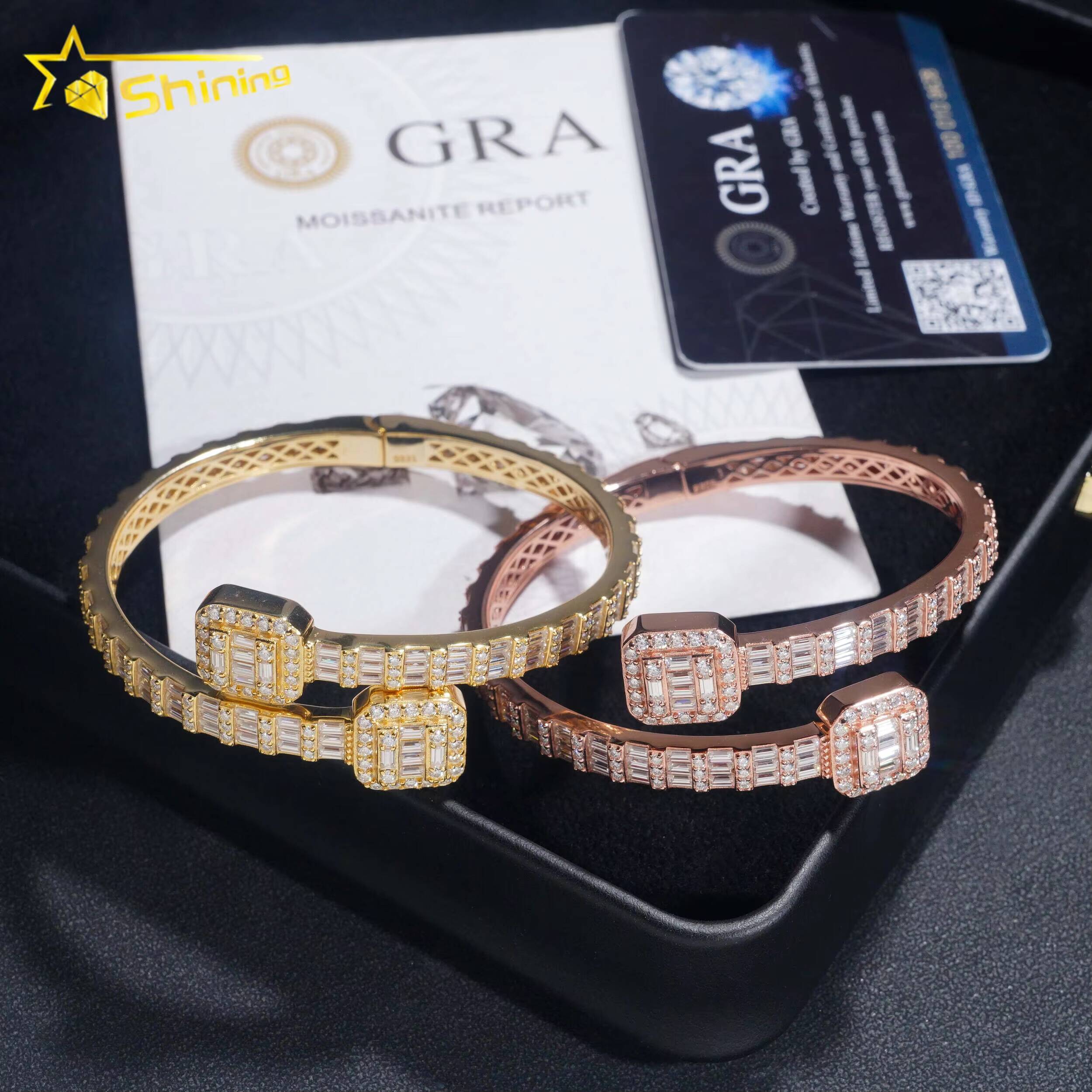 Factory Price Pass Diamond Tester Hip Hop Style 5MM Iced Out Baguette Diamond Square Clasp 925 Silver Moissanite Bangle Bracelet