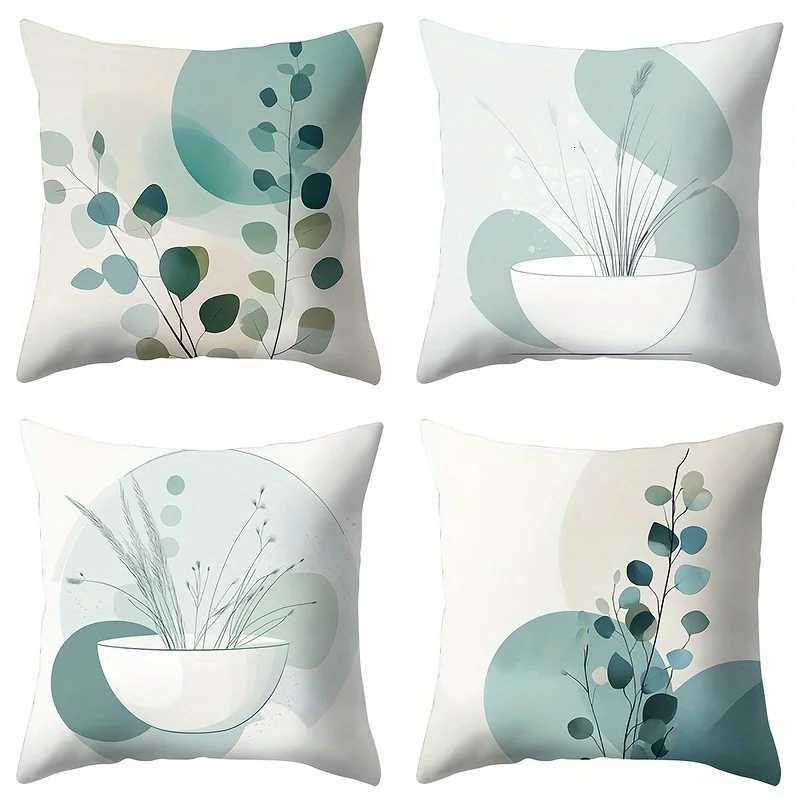 4pcs Bohemian Abstract Pattern Throw Covers Modern Cyan and White Design Comfortable and Fashionable Machine WashableM251119