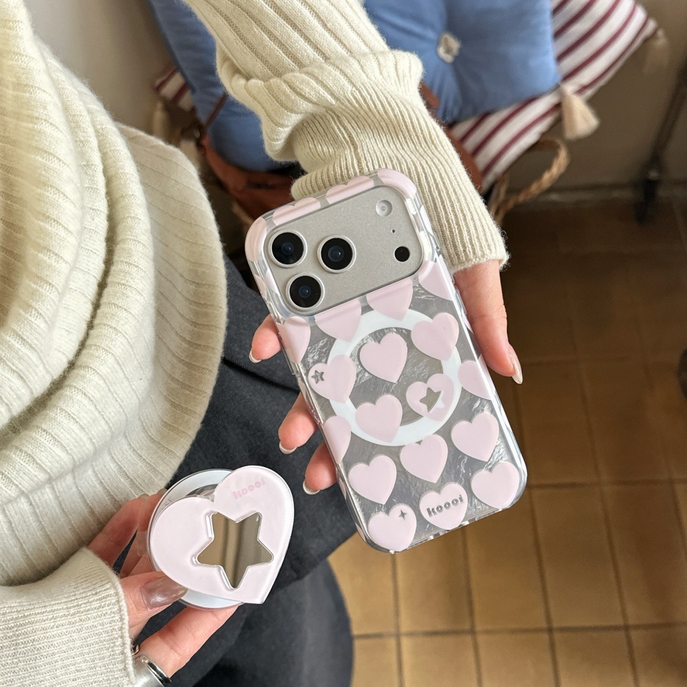 Pink Blue Heart Magnetic Phone Case Compatible with iPhone 17/16 Pro Cartoon Stand Protective Case iPhone 15/14