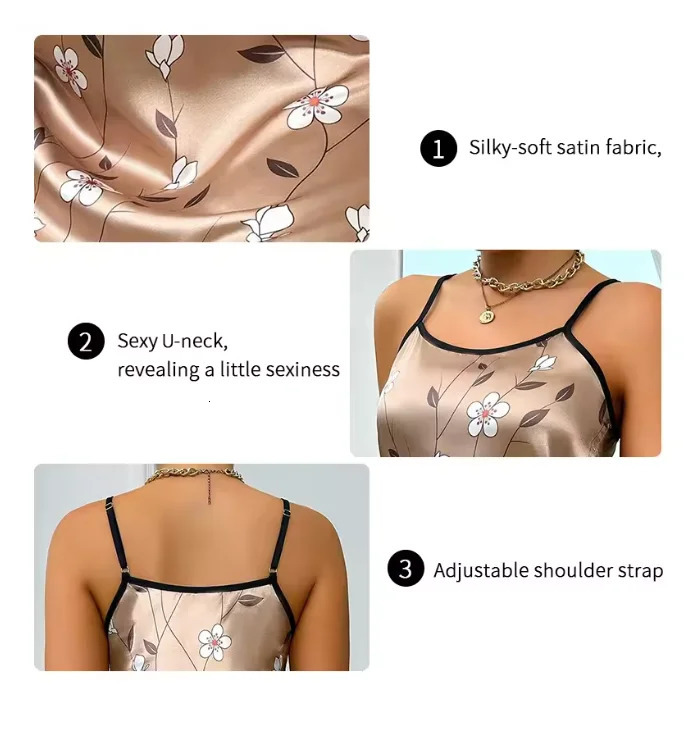 Womens sleepwear with satin floral print comfortable spaghetti strap ious slip y250417