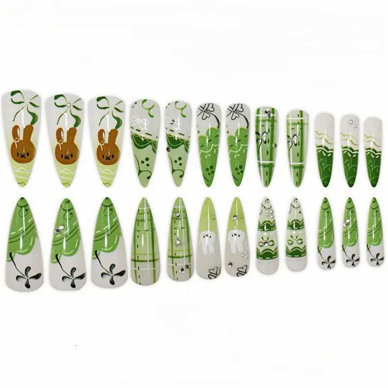 24PCS Sweet Green Flower Almond Press on False Nails Cute Cartoon Rabbit Bow Plaid Stiletto Fake Nails for Women Simple Ins NailT251118T251119