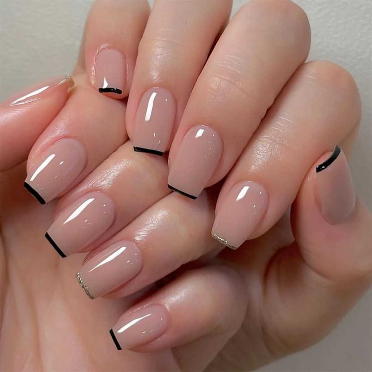 24pcs/set short fake nails for women girls french nude square white tips with rhinestones glitters Y2K press on false nail artT251118T251119