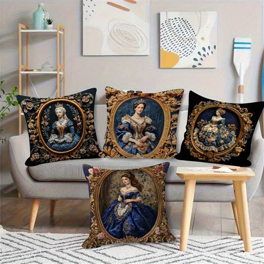4pcs Retro Royal Women Covers Elegant Phnom Penh Print Double-Sided Wrinkle-Free Polyester for Living Room DecorM251119