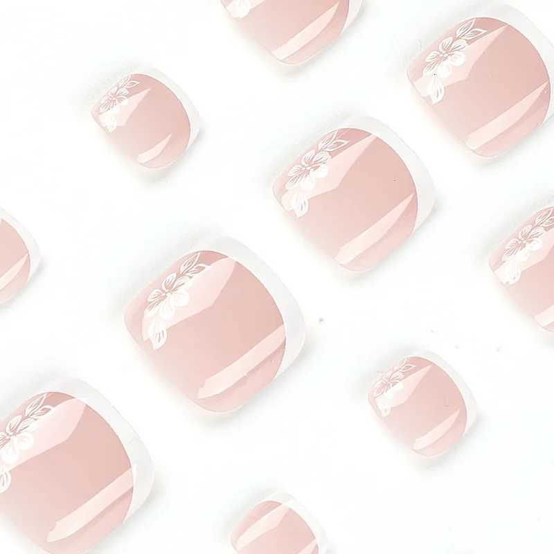 Flowers White French Artificial Toenails Nude Pink Toe False Nails with Glue Wearable Short Flat Shape Fake Toenails WholesaleT251118T251119