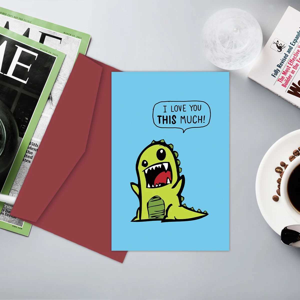 1PC Cute Dinosaur Birthday Greeting CardI Love You This MuchFunny Anniversary Card With EnvelopeThank you Card for Her Him G251119