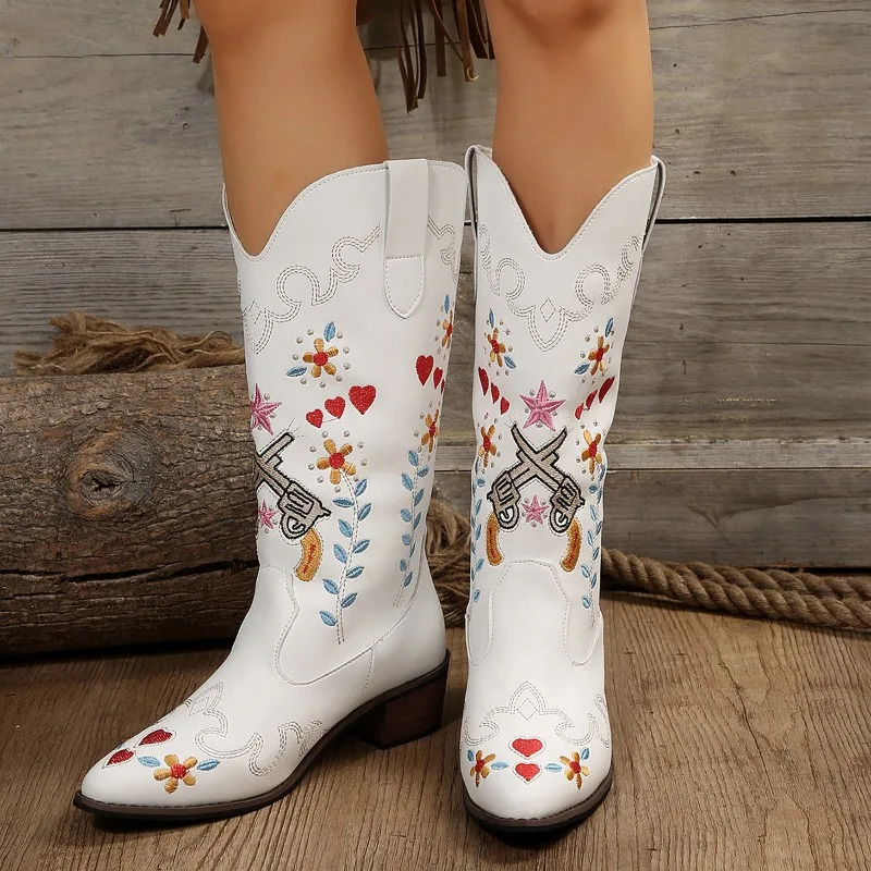 Womens Fashion Embroidered High Heels Western Cowboy Boots Womens Thick High Heels Ethnic Corner Leather Boots 250418