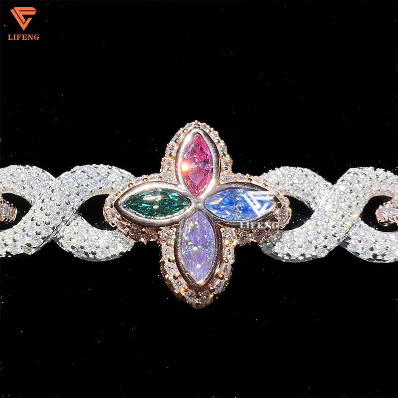 Lifeng Custom Colored Flower Cuban Bracelet 925 Sterling Silver Fine Jewelry for Women VVS Moissanite Diamond Infinity Bracelet