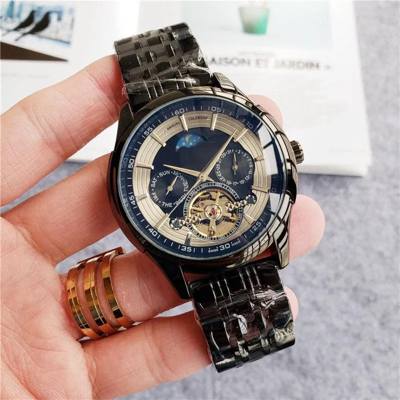 AAA New Automatic Mechanical Wristwatches Tourbillon Moon Phase Watch White Dial Silver Year Month Week Day Stainless Steel Strap