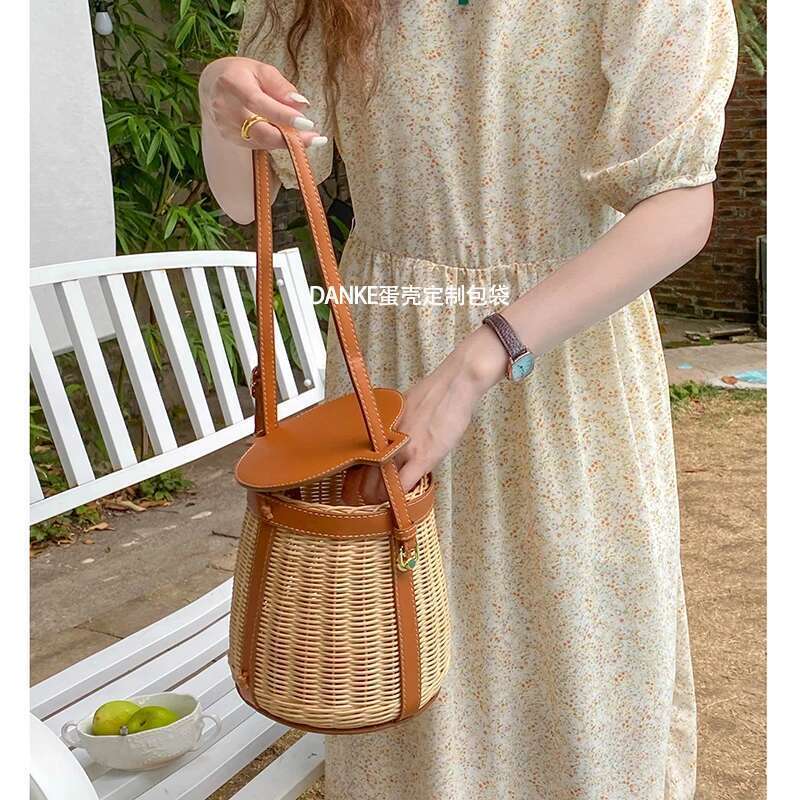 Bucket Single Shoulder Rattan Niche Design Bamboo Woven Portable Picnic Vegetable Basket Bag