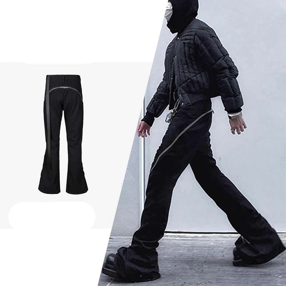Fashion Flared Double Zippers Long Ribbons Black Denim Pants Men's Streetwear Haruku Hipster Jeans