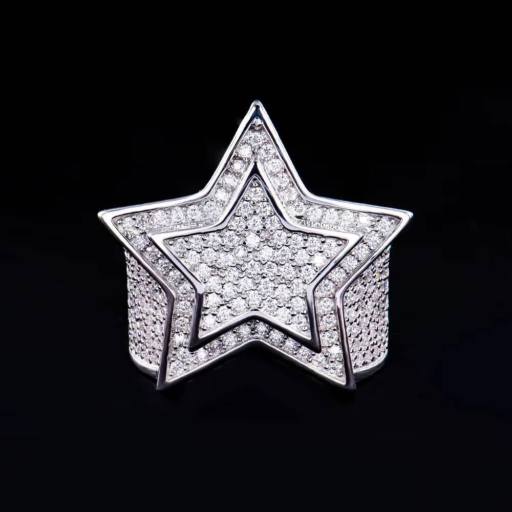 925 Sterling Silver Jewelry Hip Hop Style Pass Diamond Tester D VVS Iced Out Moissanite Double Layers Star Ring for Rapper Men