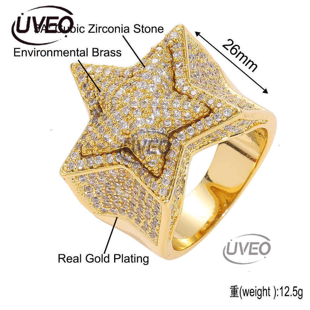 Luxury designer Hip Hop Ice out VVS Moissanite 3D five-point star double copper plated real gold Men women Hip hop rings