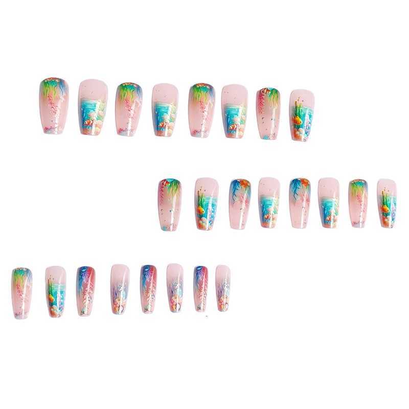 Medium-long dreamy undersea creature press-on nails with seaweed and starfish designs for a trendy lookT251118T251119