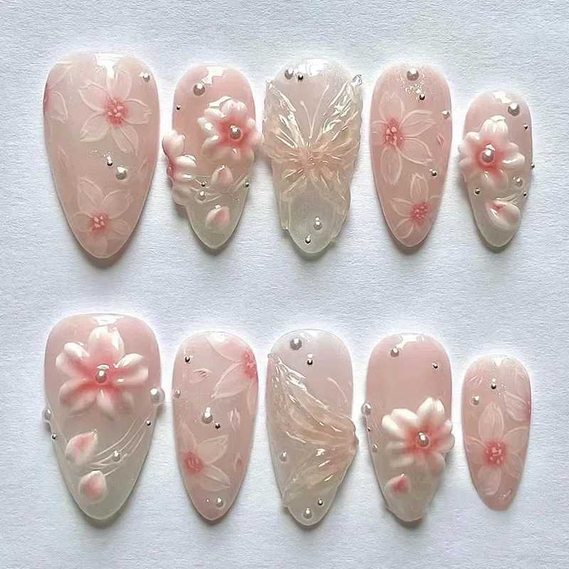 24PCS 3D Flower Shell Starfish False Nails Blue Gradient Diamonds French Fake Nails for Women Wearable Almond Nail ManicureT251118T251119