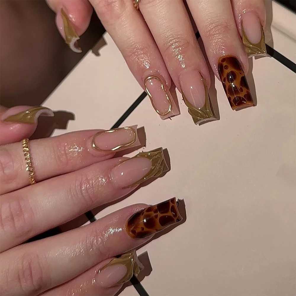 24Pcs Mid-length Square Head Fake Nails Brown French Design Press on False Nails Marble Pattern Detachable Full Cover Nails TipsT251118T251119