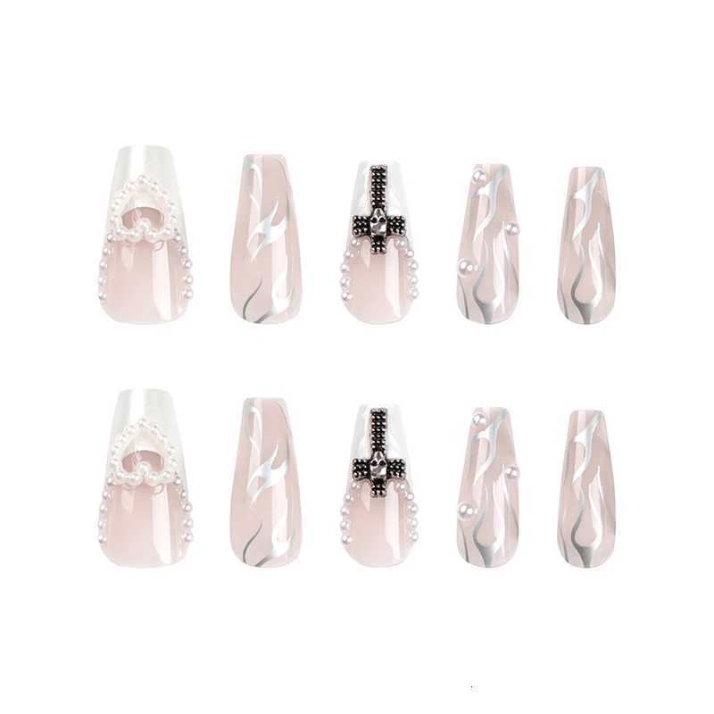 24Pcs Pearl heart Press on Nails Cross French Long Style Fake Nail for WomenGirl Removable Wearable Nail ArtT251118T251119