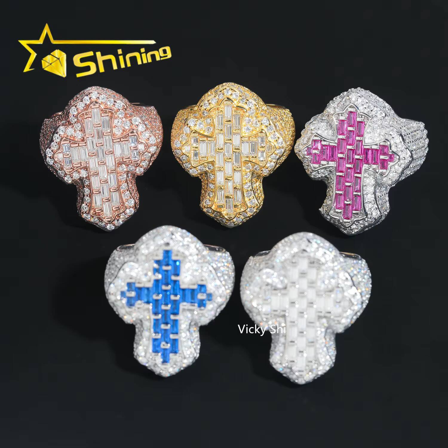 Iced Out Moissanite Mens Ring 925 Sterling Silver VVS Moissanite Cross Ring GRA Custom Hip Hop Ring Moissanite Jewelry