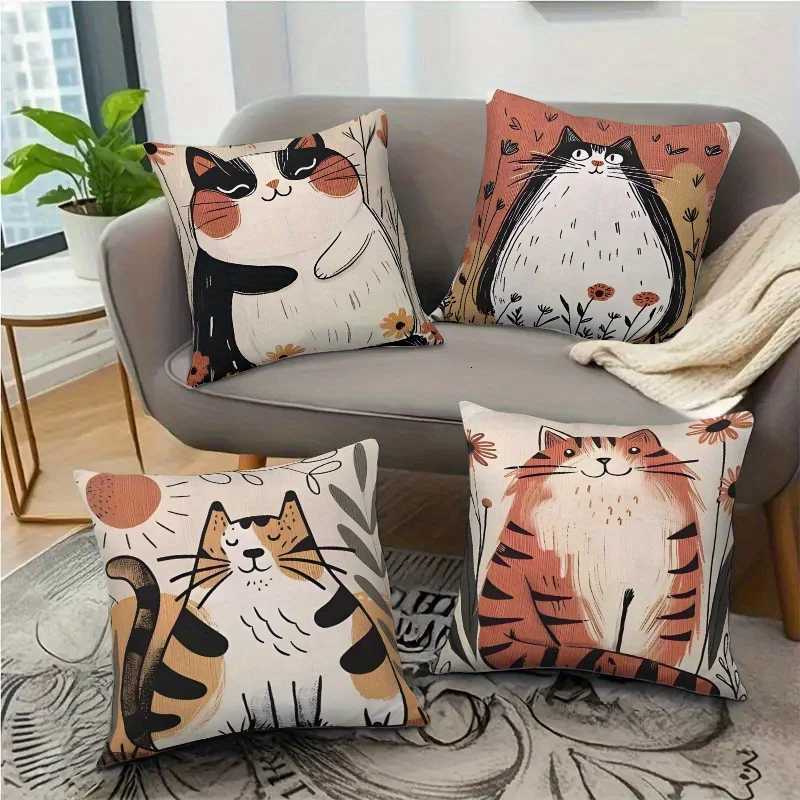 4pcs Cartoon Cat Floral Throw Covers Zippered Cushion Covers for Living Room and Bedroom Decor Single-Sided Print SuitM251119