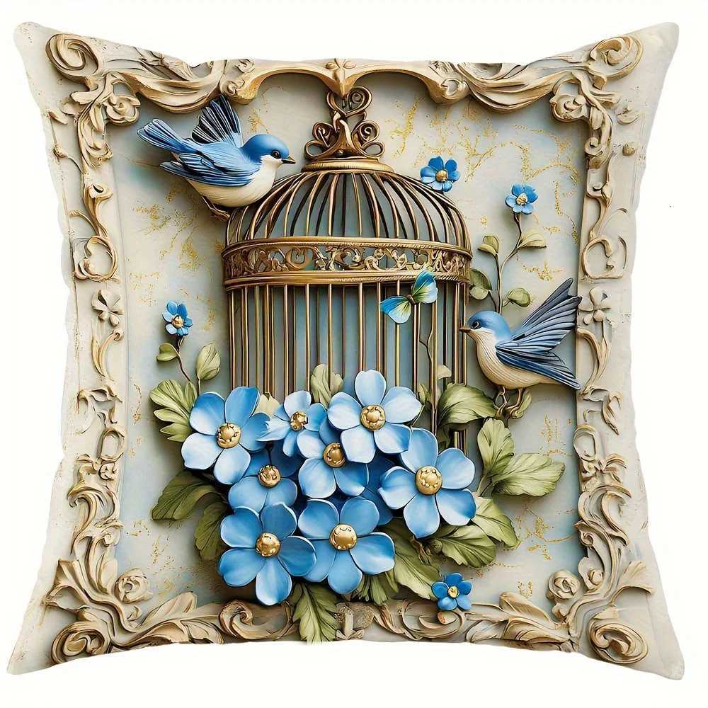 Blue Flowers Birds Butterflies throw cover with short plush print for living room sofa decoration cushion coverM251119