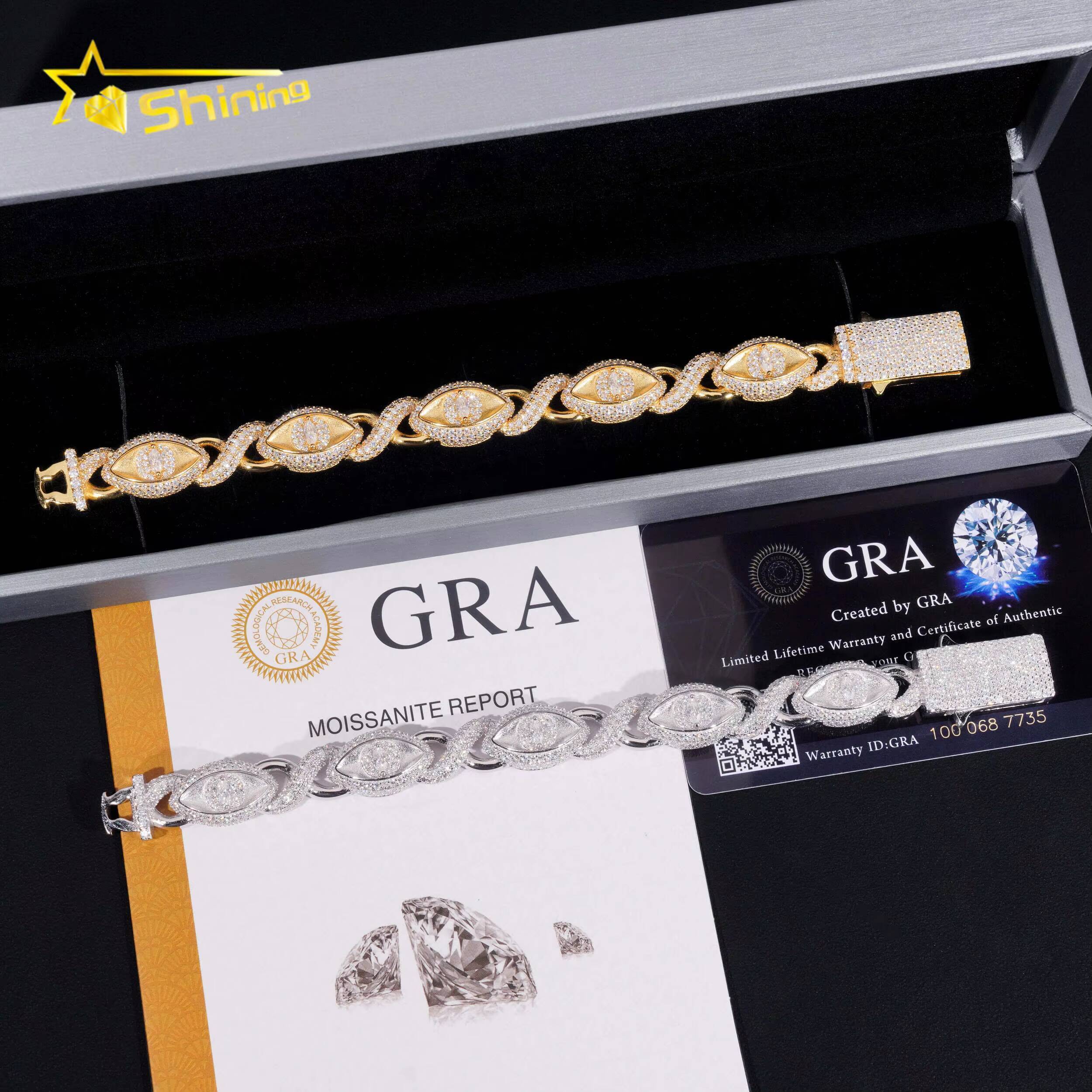 Solid 925 Sterling Silver Pass Diamond Tester Hip Hop Jewelry Custom Infinity Colored Moissanite Cuban Bracelet Cat Eye Bracelet