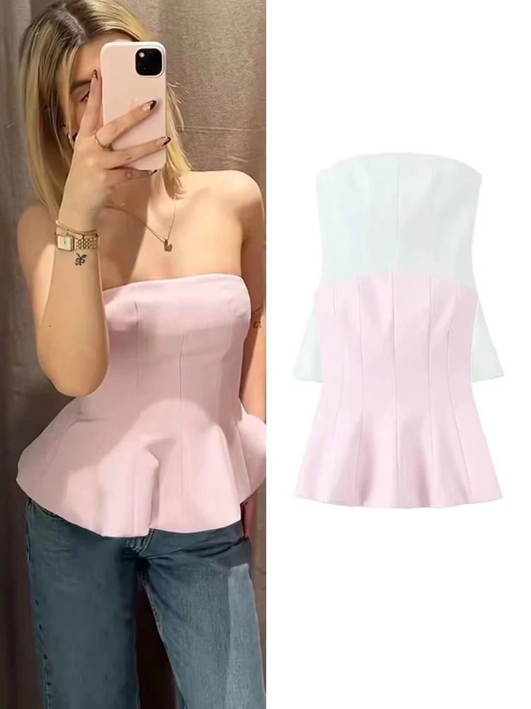 TFMLN Womens Fashion Strapless Top Casual Sexy Slim Fit Side Zipper Solid Short Summer 2 Colors 250418