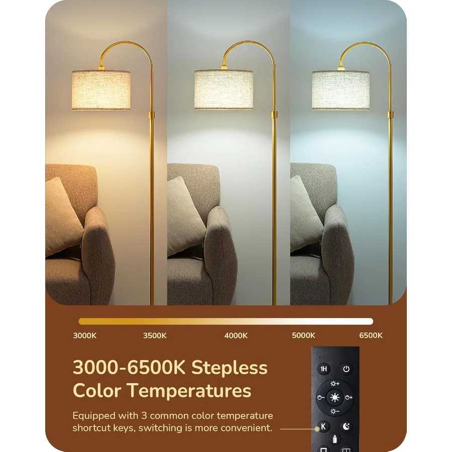 Modern Arc Floor Lamp with Remote Dimmable Feature in Gold Finish Adjustable Color Temperatures from 3000K to 6500K Tall Pole D M251119